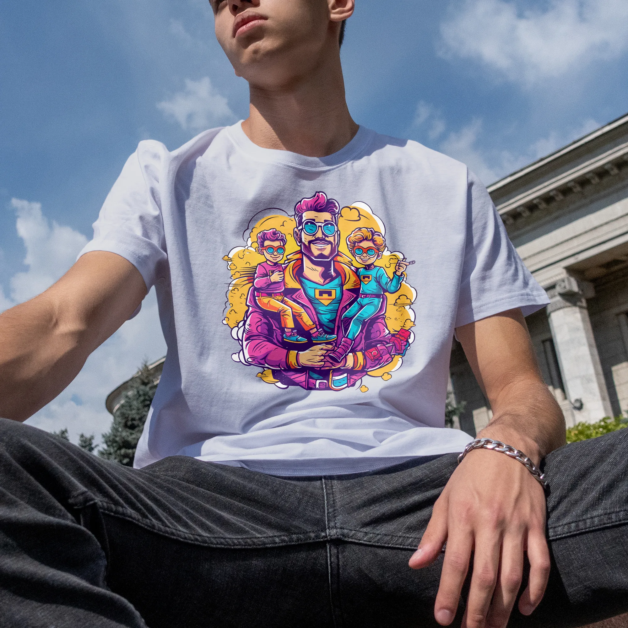 Father in superhero cape hugging and carrying his two children design t shirt design tshirtdesigns