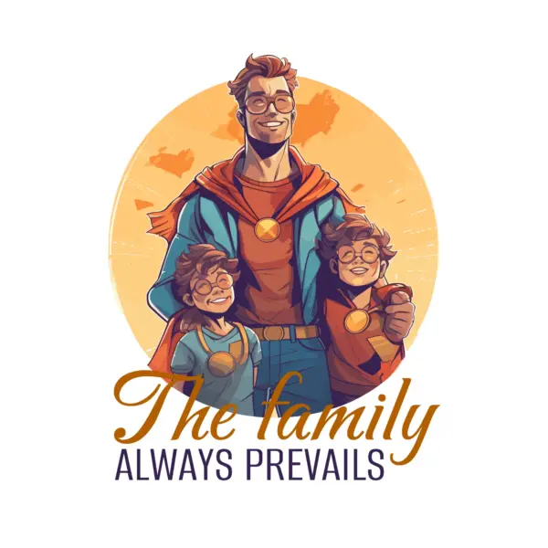 Father in superhero cape hugging his children with a family phrase design