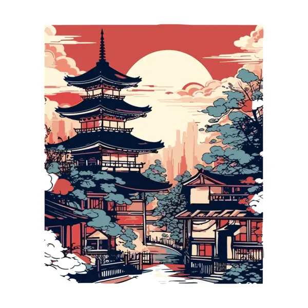 Tokyo pagoda tower with traditional Japanese houses with trees, clouds around it design