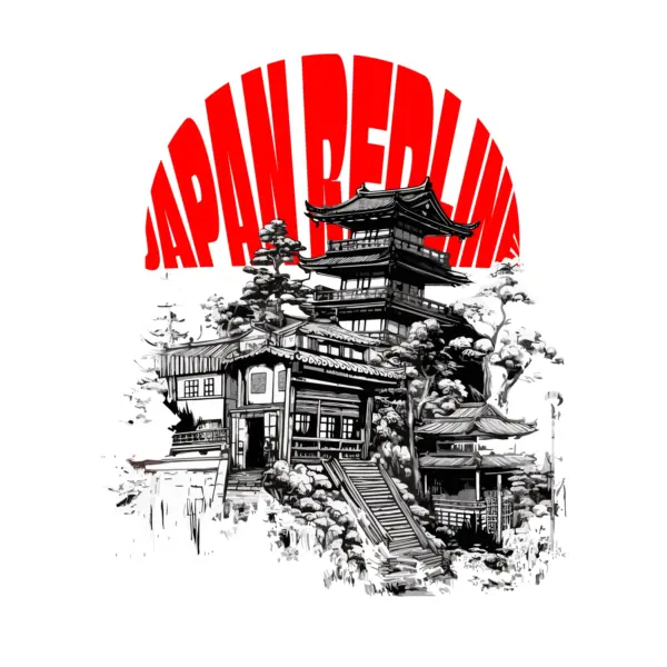 Traditional Japanese house with phrase in the shape of a Japanese flag design