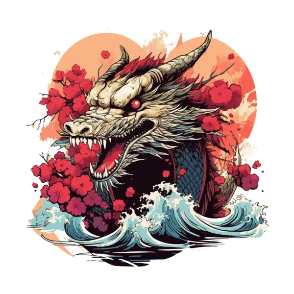 Japanese dragon with giant waves and cherry trees around it design