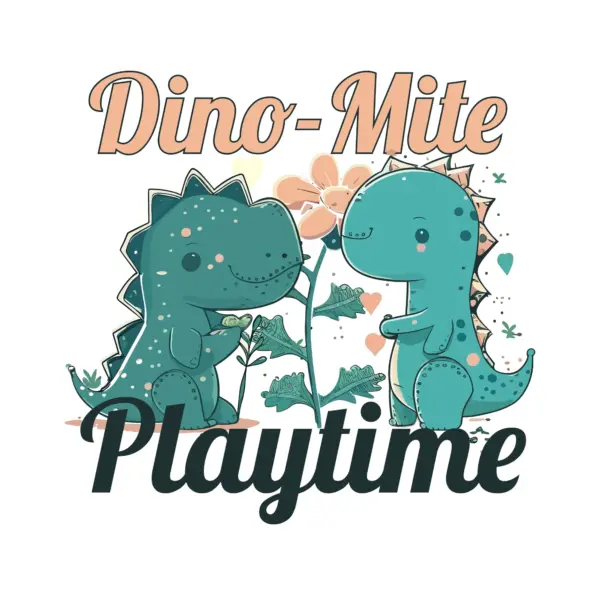 Dinosaurs with flowers around decorated with a playful phrase design