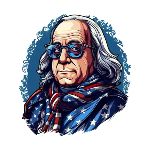 Benjamin franklin patriotically dressed in the design of the united states design
