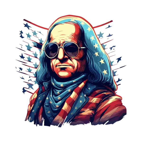 Benjamin franklin dressed as a rockstar in the colors of the united states flag design