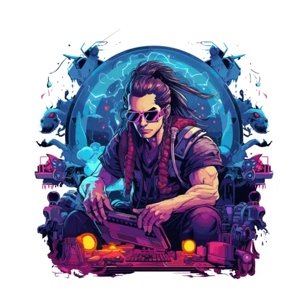 Strong gamer character with long hair and glasses seated at a console design