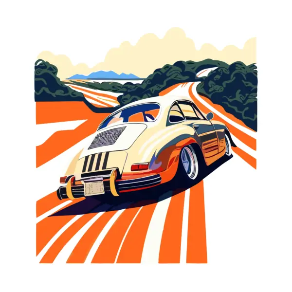 Classic car on a road full of trees around it in bauhaus style design