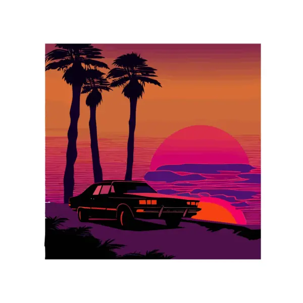 Classic car with sea view and a sunset sun accompanied by palm trees design