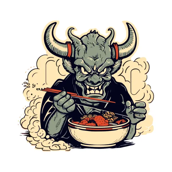 Demobius with horns eating a traditional dish with chopsticks design