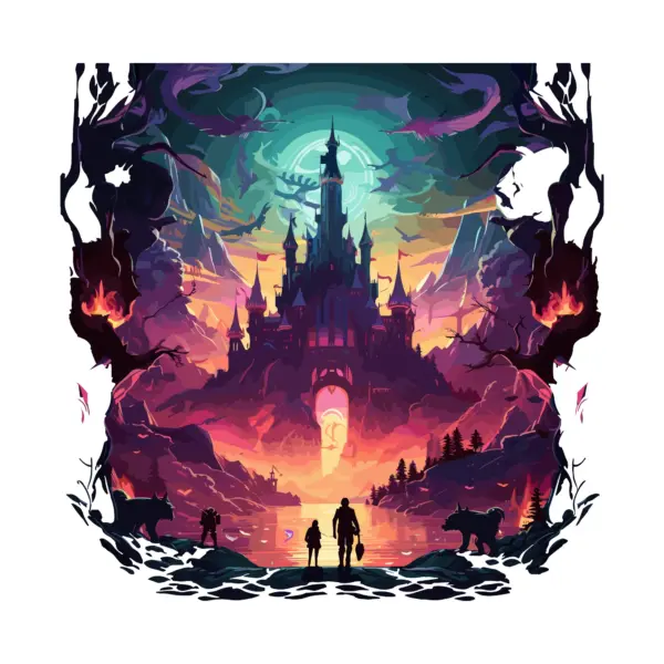 Video game fantasy world with a castle and dragons around it design