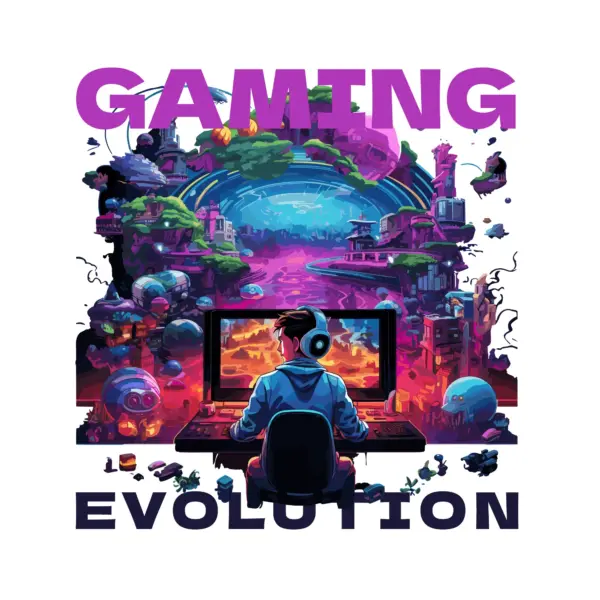 Boy playing on his gamer pc with a fantasy world in the background design