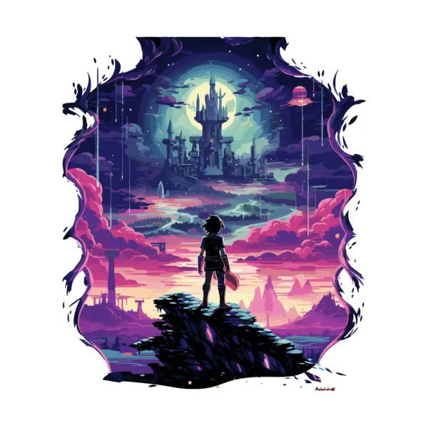 Character on a cliff overlooking a castle in a fantasy world of video games design