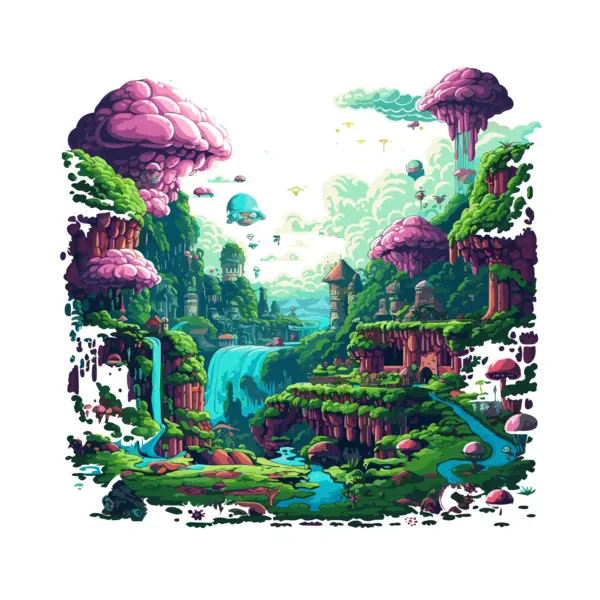 Arcade game world with a river and mountains around it design