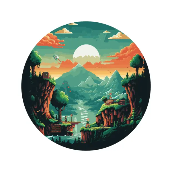 Arcade video game world with a river and mountains in the background design