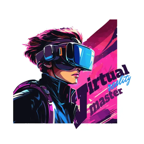 Girl with special costume and VR glasses accompanied by a sentence design