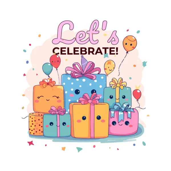 Birthday gift boxes with balloons and a celebration phrase design