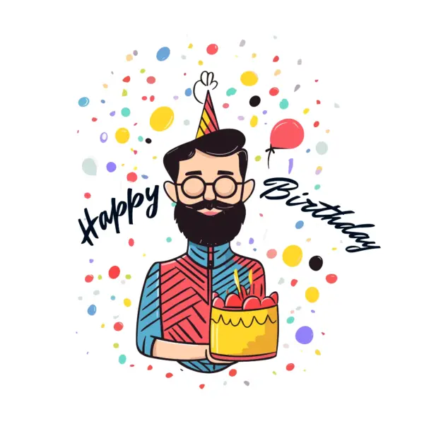 Hipster holding cake with birthday quote design