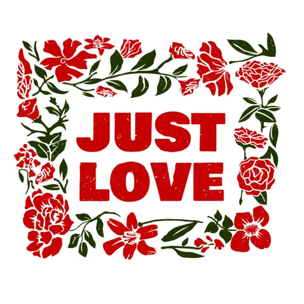 Love phrase surrounded by flowers in a square shape design