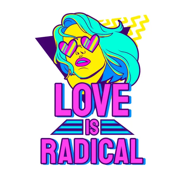 Woman with heart-shaped glasses and love phrase design