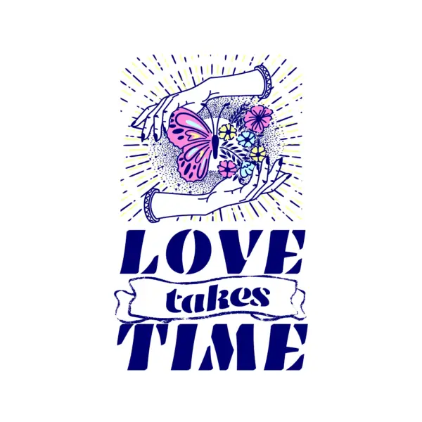Love sentence with hands around a butterfly with flowers design