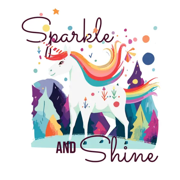 Unicorn with hair and tail in the shape of rainbows and background trees design