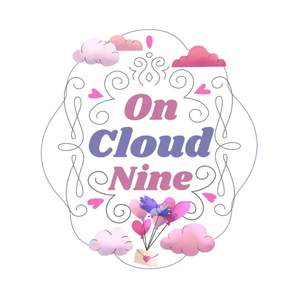 Love phrase inside a frame of lines with hearts and clouds around it design