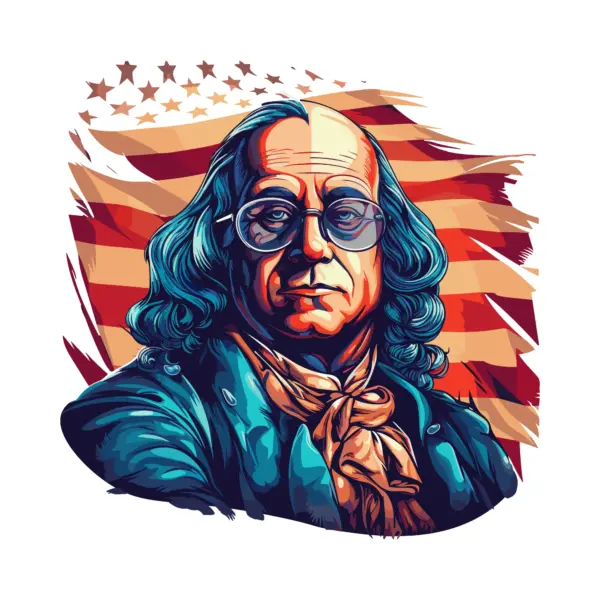 Benjamin franklin with the united states flag in background design