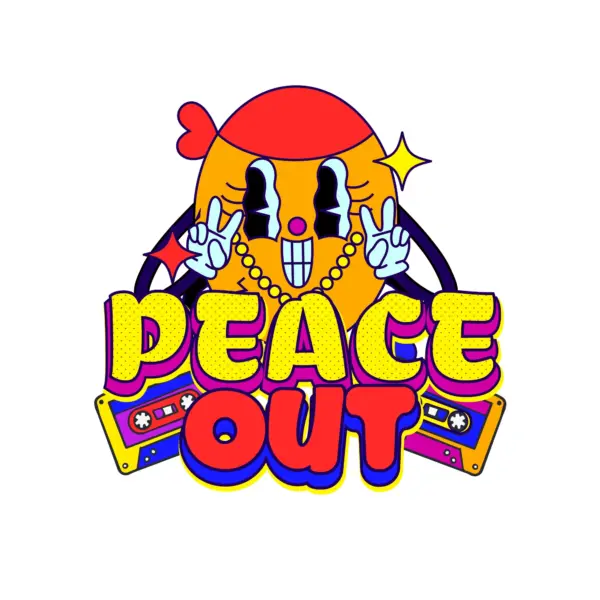 Cardboard face with hands in a gesture of peace accompanied by a sentence design