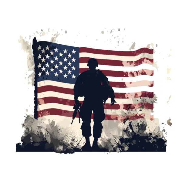 Silhouette of soldier with U.S. flag in background design