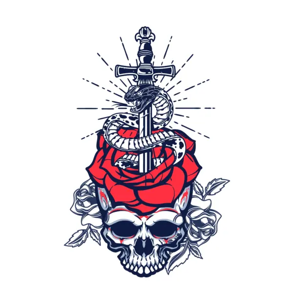 Skull with a sword and a snake around it design
