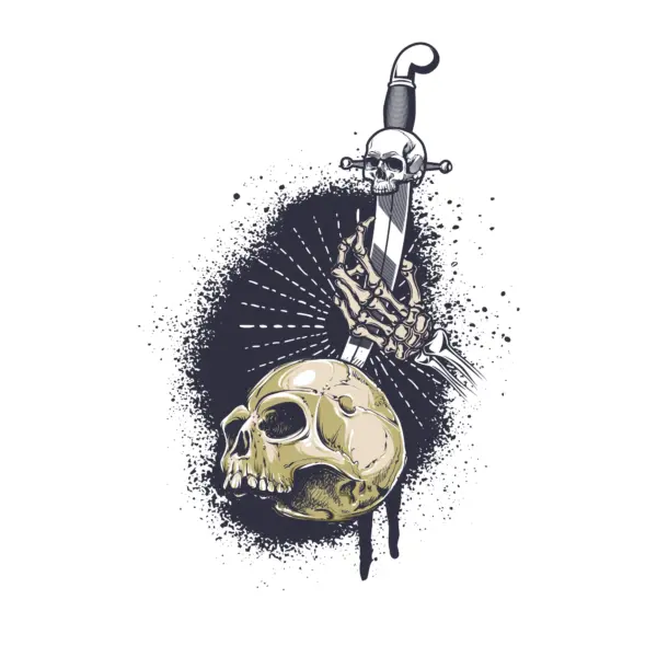 Skeleton arm holding a sword through a skull design