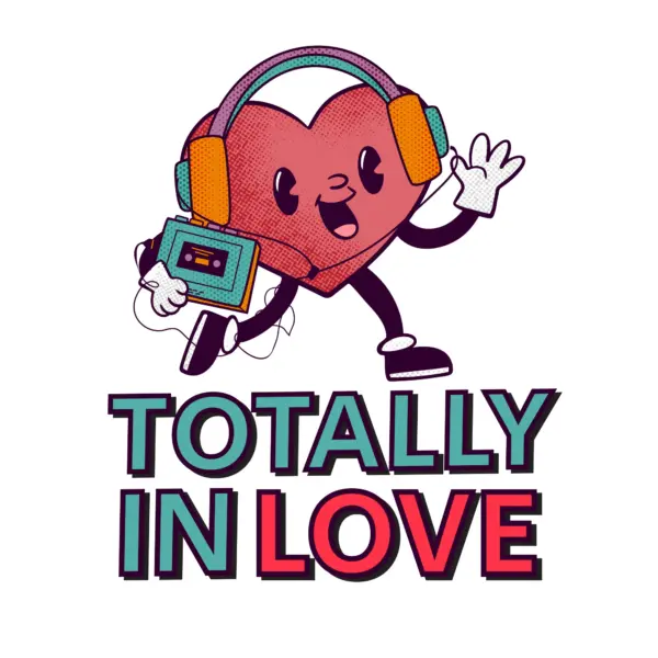 Heart listening to music with headphones on a portable cassette player design