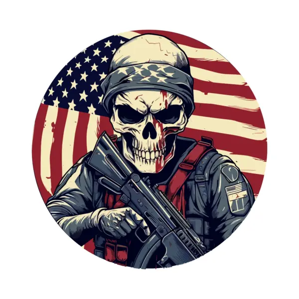 Skeleton dressed as a soldier with American flag in the background design