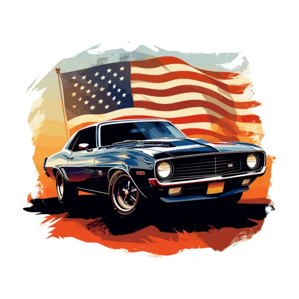 Muscle car with American flag in the background design