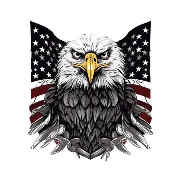 Eagle with frontal perspective and U.S. flag in the background design