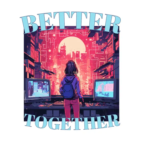 Girl looking at a city in the background with computers turned on all around you with a phrase design