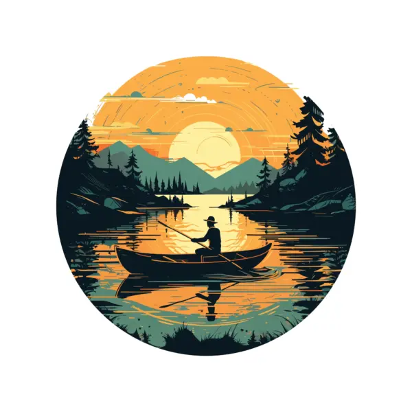 Fisherman in a boat in the middle of the lake with mountains and sunset in the background design