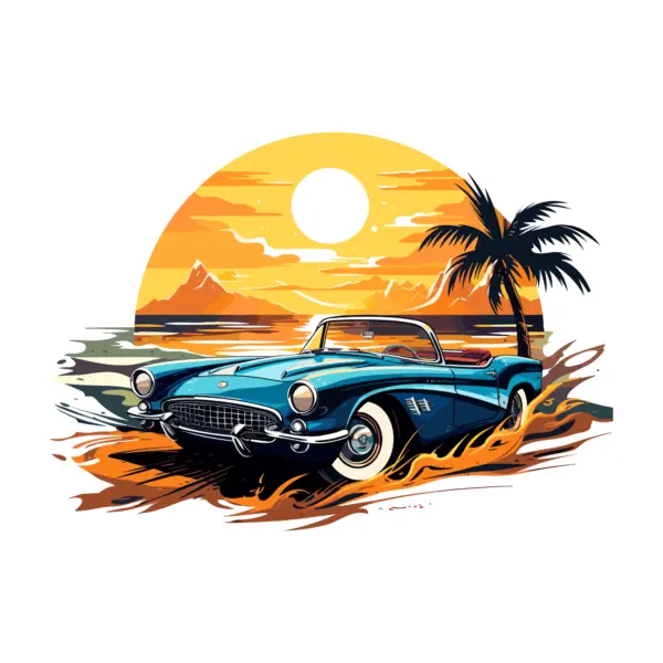 Classic convertible car on the beach at sunset design