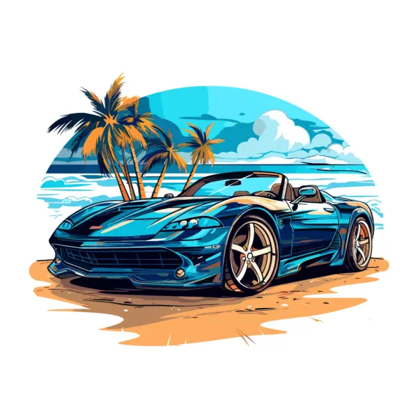 Convertible sports car on the beach with palm trees in the background design