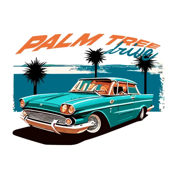 Classic car with palm trees in the background design
