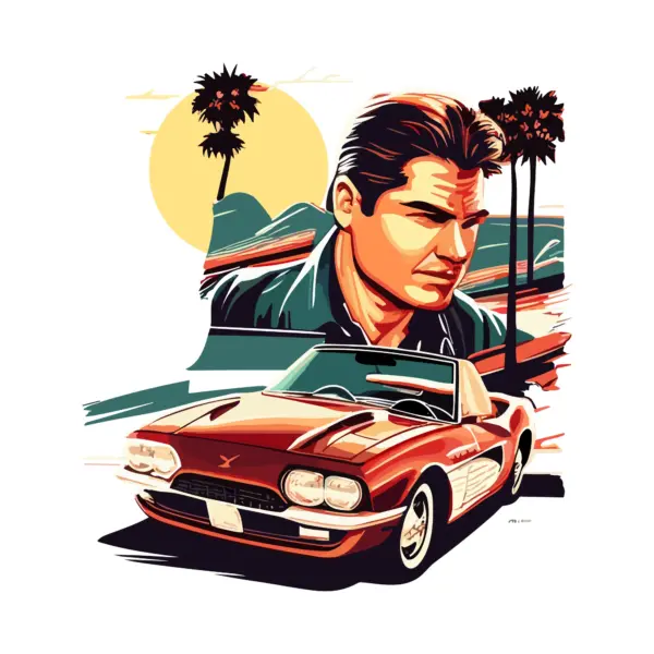 Classic car with man looking serious in profile with palm trees in background design