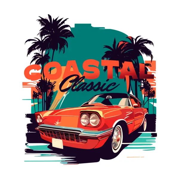 Classic car with palm trees in the background and classic phrase design