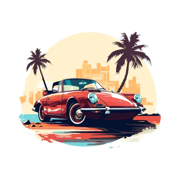 Super sporty classic car with city and beach in the background design