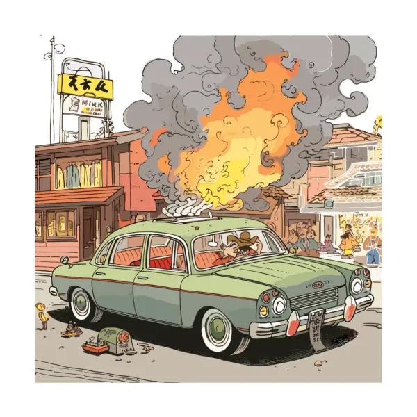 Classic car in a city with fire and madness in the background design