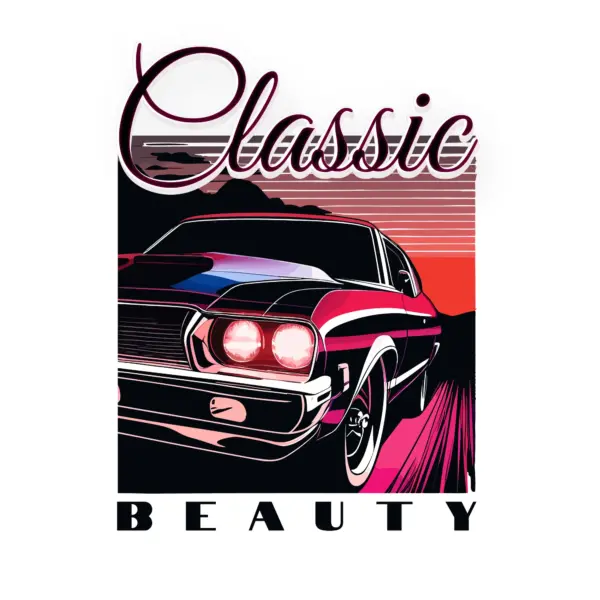 Classic car on the road in a magenta sunset accompanied by a sentence design