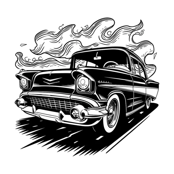 Classic car on the road with flames in the background design