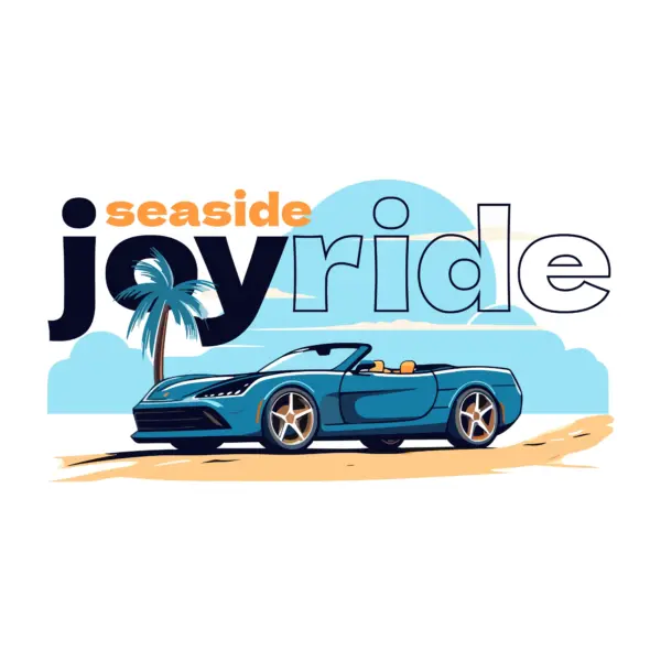 Convertible sports car accompanied by phrase on the beach design