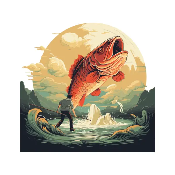 Giant fish jumping in awe of a fisherman design