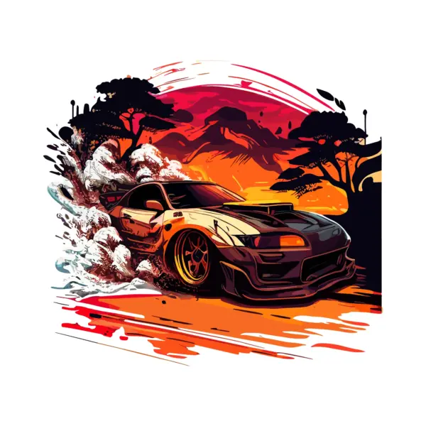 Custom Japanese car on arid land with mountains and trees in the background design