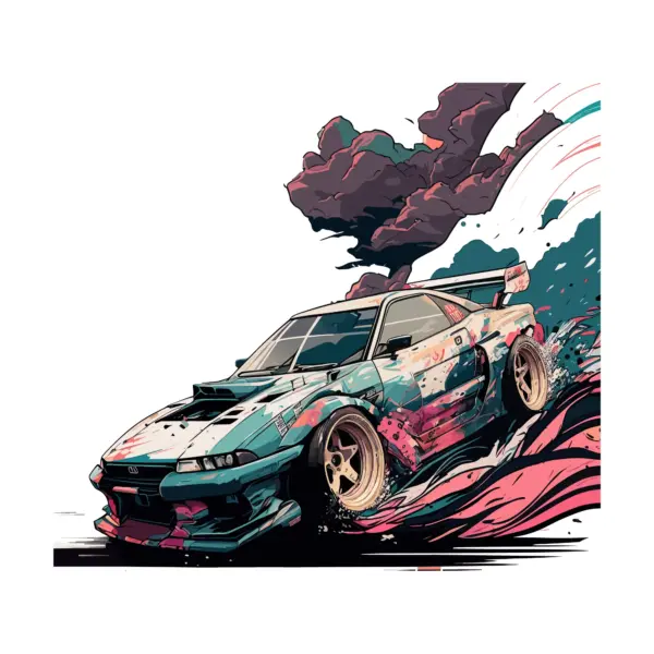 Customized sports car drifting, belching smoke design