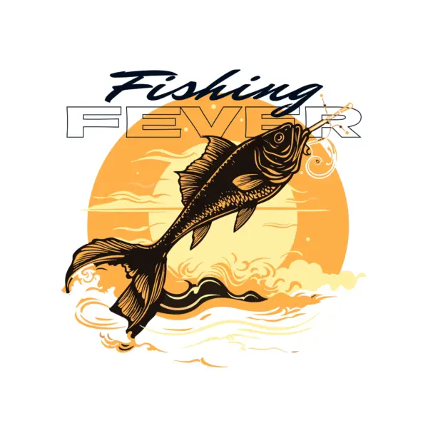 Fish jumping with a sun in the background and fishing phrase design